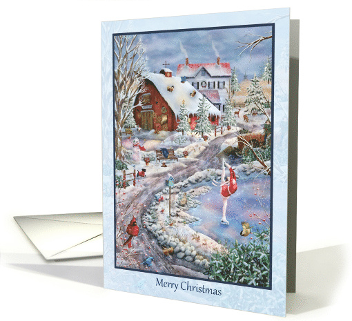 Merry Christmas with Farmhouse Red Barn Skater Winter Scene card