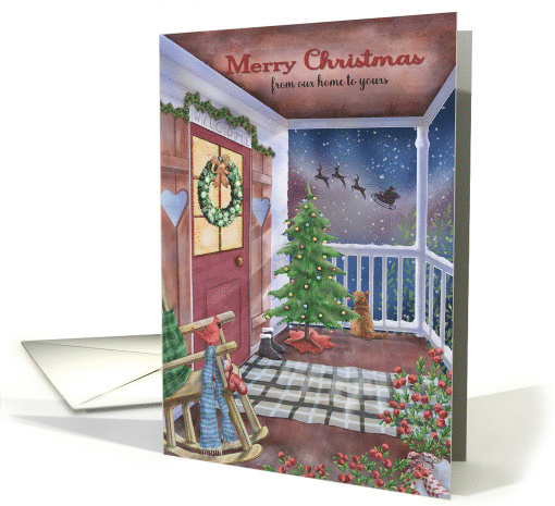 Merry Christmas From Our Home to Yours Front Porch Santa Flying card