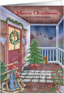 Merry Christmas From Our Home to Yours Front Porch Santa Flying card