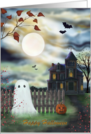 Happy Halloween with Night Sky Victorian House Ghost and Full Moon card