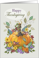 Happy Thanksgiving with Pumpkin Flowers Grapes Leaves Birds card