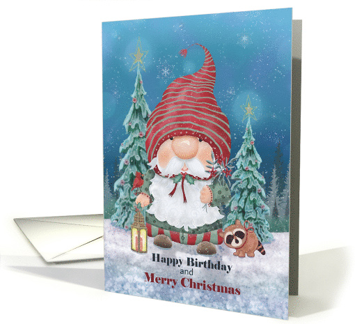Happy Birthday and Merry Christmas with Winter Gnome Racoon card