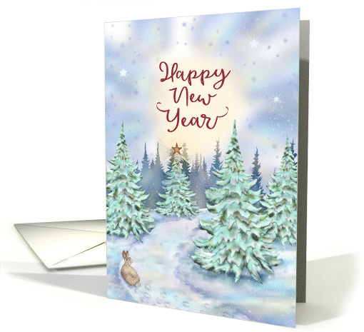 Happy New Year with Snowy Morning Path into Pine Forest card (1894526)