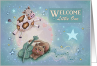 Welcome Little One Cow Jumping over Moon Cat Playing Fiddle card