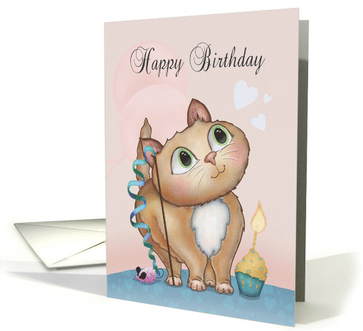Happy Birthday with Cute Cat Cupcake Candle with Flame and Toys card