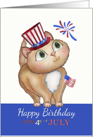 Happy Birthday On this 4th of July with Cute Cartoon Cat Flag Hat card