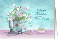Happy Birthday To My Dear Friend Teapot Flowers Bird Cupcake card