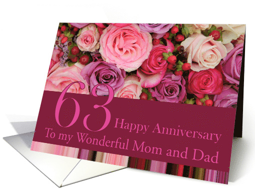 63rd Wedding Anniversary Card - Pastel roses and stripes card
