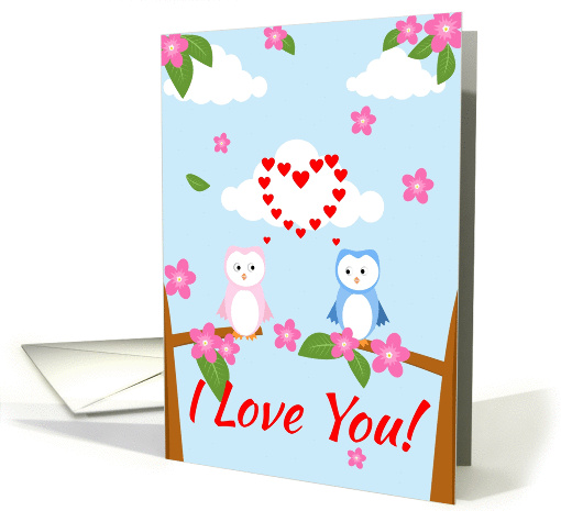A card to say I love you, two cute owls on a tree branch card
