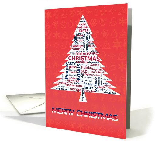 Christmas tree word cloud in Red, White and Blue- Christmas card