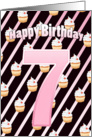 Birthday 7th Cute Cherry Cupcake - Pale Pink Stripes card
