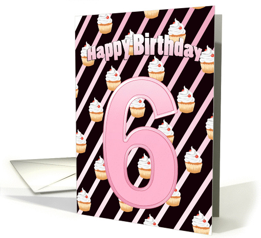 Birthday 6th Cute Cherry Cupcake - Pale Pink Stripes card (1345822)