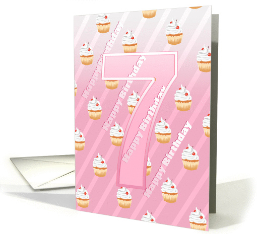 Birthday 7th Cute Cherry Cupcake - Pale Pink Stripes card (1345890)