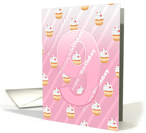 Birthday 9th Cute Cherry Cupcake - Pale Pink Stripes card (1345894)