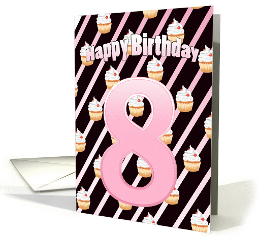 Birthday 8th Cute Cherry Cupcake - Pale Pink Stripes card (1346006)