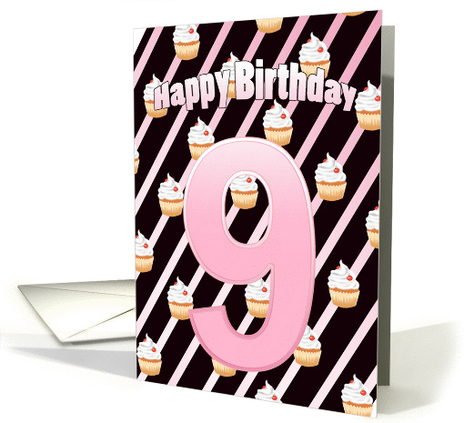 Birthday 9th Cute Cherry Cupcake - Pale Pink Stripes card (1346008)