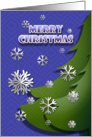 Merry Christmas Blue and Green Pine with White Snowflakes Falling card