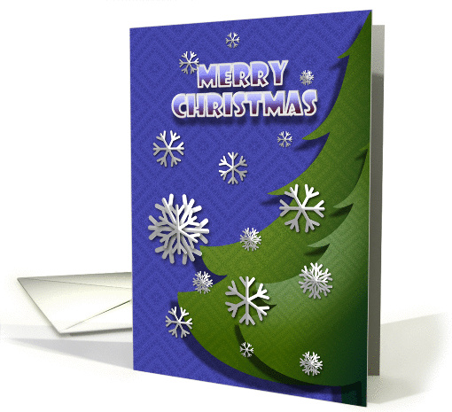 Merry Christmas Blue and Green Pine with White Snowflakes Falling card