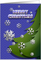 Merry Christmas Blue and Green Pine with White Snowflakes Falling card