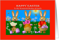 Brother and Family - Happy Easter - Bunnies / Purple Eggs / Flowers card