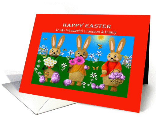 Grandson and Family - Happy Easter - Bunnies / Purple Eggs card