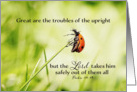 Psalm 34:19, Christian Encouragement, Ladybug hanging on for dear Life card