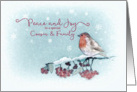 Peace and Joy, Cousin and Family, Christmas Card, Robin card