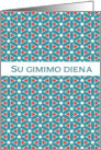 Happy Birthday in Lithuanian, Su Gimimo Diena, Teal and Red Pattern card