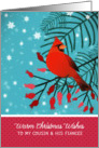 To my Cousin and his Fiancee, Warm Christmas Wishes, Cardinal, Berries card
