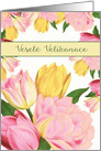 Happy Easter in Czech, Vesel Velikonoce, Yellow and Pink Tulips card
