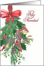 Feliz Navidad, Spanish, Merry Christmas, Watercolor Wreath and Ribbon card