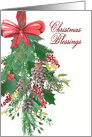 Christmas Blessings, Watercolor Wreath and Ribbon card