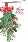 Happy Holidays, Christmas, Watercolor Wreath and Ribbon card