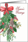 Season’s Greetings, Christmas, Watercolor Wreath and Ribbon card