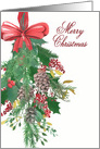 Merry Christmas, Watercolor Wreath and Ribbon card