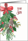 To my Son, Christmas, Watercolor Wreath and Ribbon card