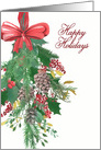 Happy Holidays, Wreath, Red Bow, Watercolor card