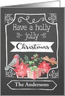 Name Customizable, Holly Jolly Christmas, Bird, Poinsettia, Chalkboard card