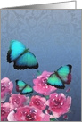 Blank Note Card, All Purposes, Butterflies, Roses, Blue and Emerald card