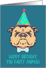 Happy Birthday, You Party Animal, Retro Bulldog with Hat, Humor, Blue card
