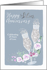 Happy Silver Anniversary, Champagne, Silver-Effect, Flowers card