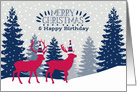 Merry Christmas and Happy Birthday, Winter Landscape, Reindeer card