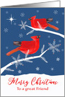 To a great Friend, Merry Christmas, Cardinal Birds, Winter card