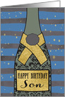 Son, Happy Birthday, Champagne, Gold-Effect, Stripes and Bubbles card