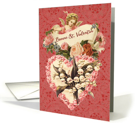 Happy Valentine's Day in French, Vintage Angel and Heart card