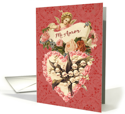 Happy Valentine's Day in Spanish, Vintage Angel and Heart card