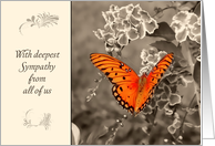 With deepest Sympathy, From all of us, Butterfly, Sepia Flowers card