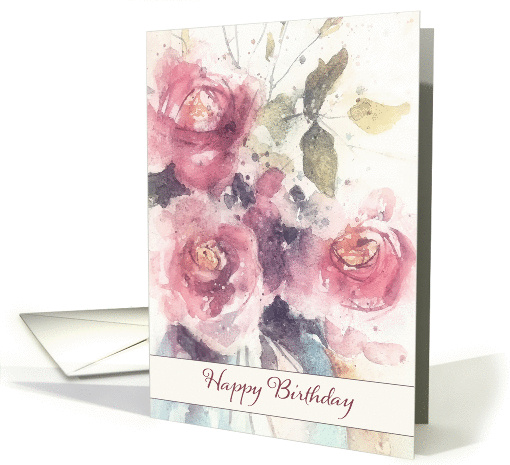Happy Birthday, Pink Roses, Watercolor Painting card (1370378)