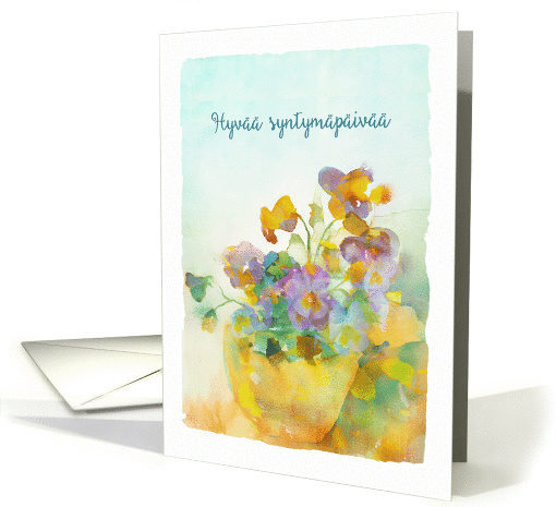 Happy Birthday in Finnish, Pansies, Watercolor card (1375876)