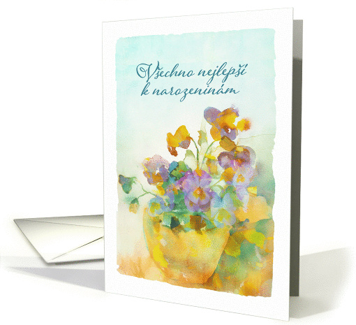 Happy Birthday in Czech, Pansies, Watercolor card (1375882)
